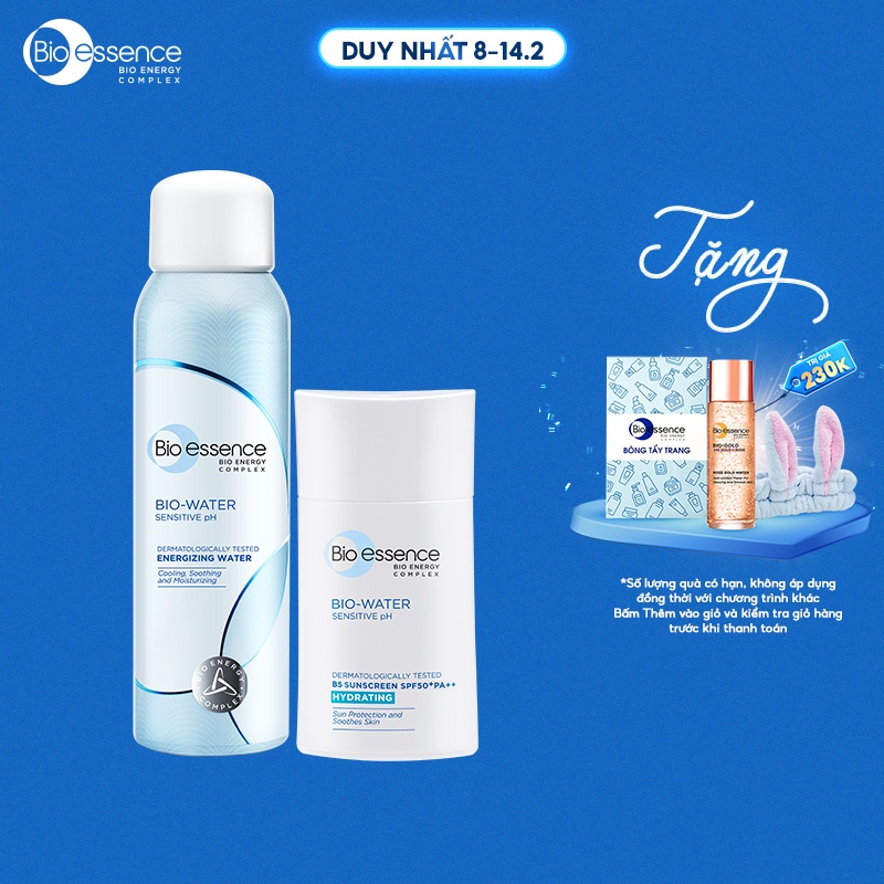 Combo dưỡng da Bio-Essence (Kem chống nắng Bio Water B5  Sunscreen SPF50+ PA++ 40ml+Xịt khoáng dưỡng da BioWater 100ml)