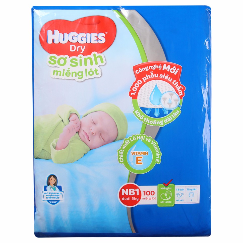 (Mẫu mới) Miếng lót Huggies Nb1- 100 miếng