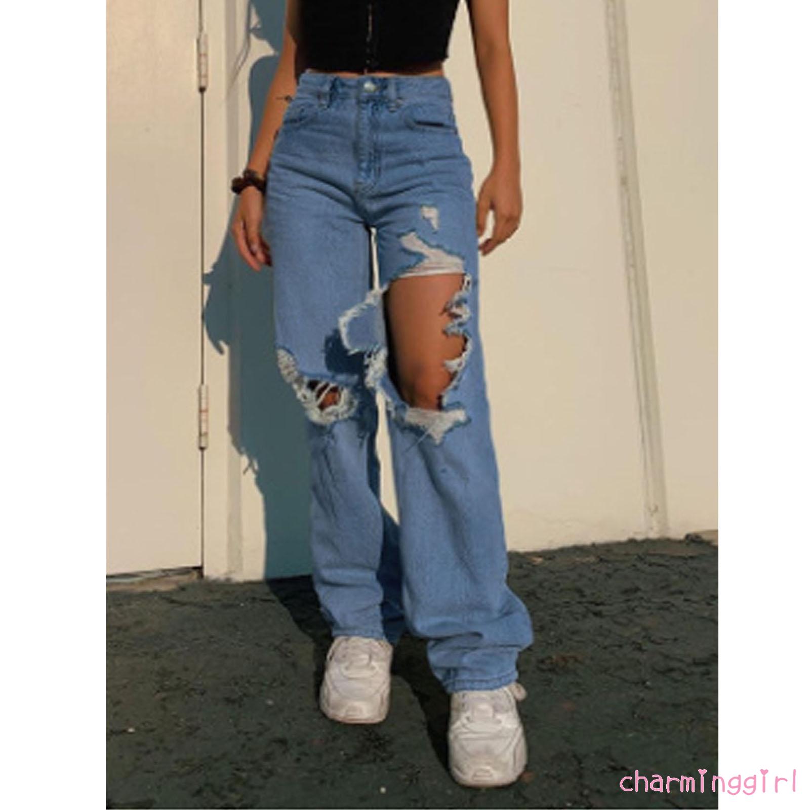 Quần Jeans Dài Lưng Cao Phối Vết Rách Cá Tính Cho Nữ | BigBuy360 - bigbuy360.vn