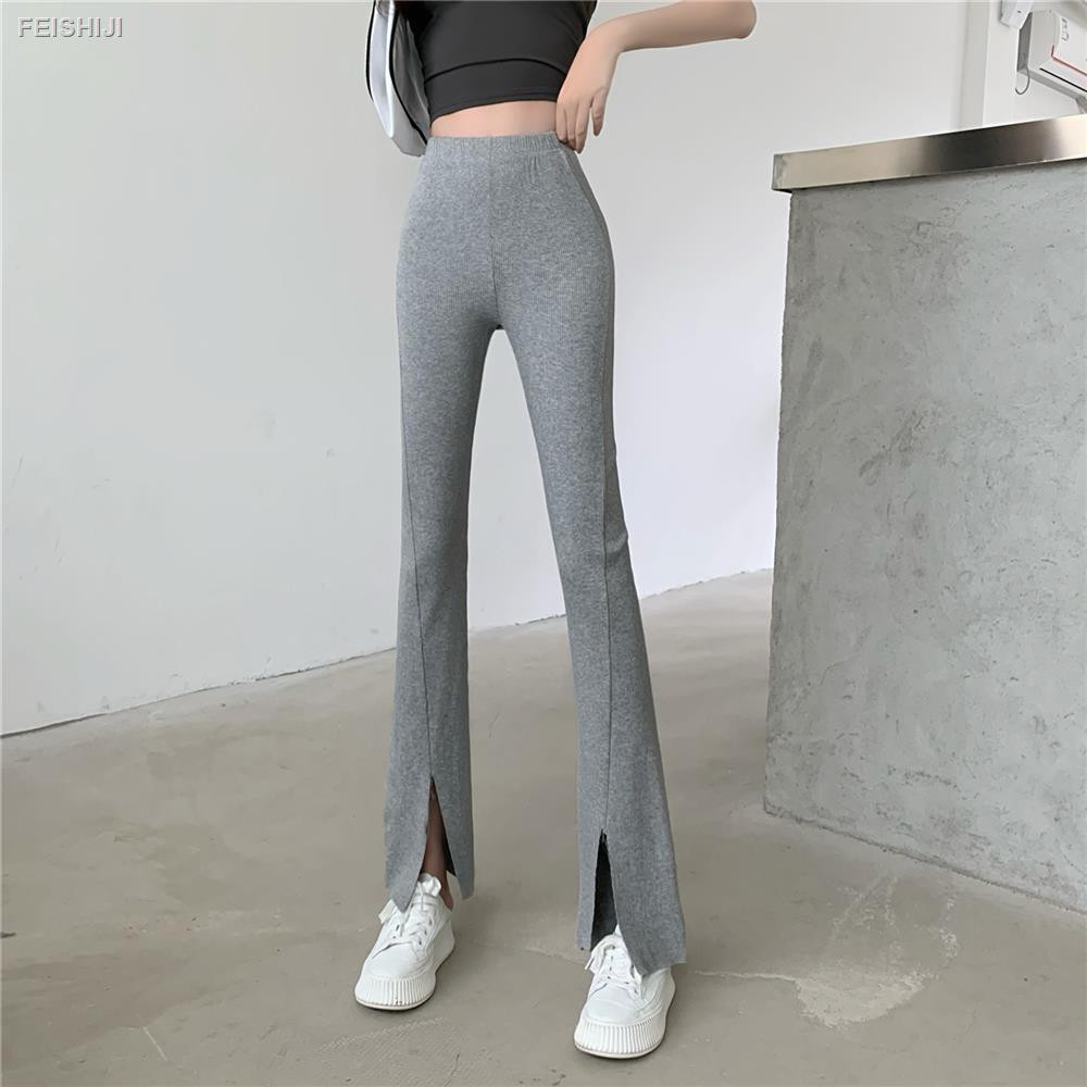 ◑2021 summer new style fashion all-match high waist drape front slit micro flared thin wide-leg trousers women s trend