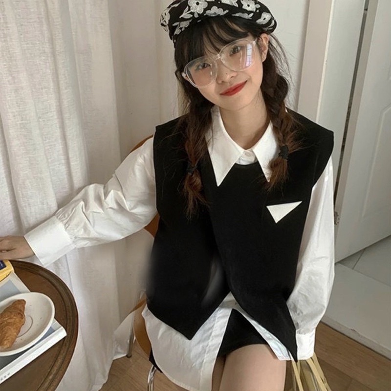 set áo gile kèm sơmi dáng rộng oversize- kèm ảnh thật