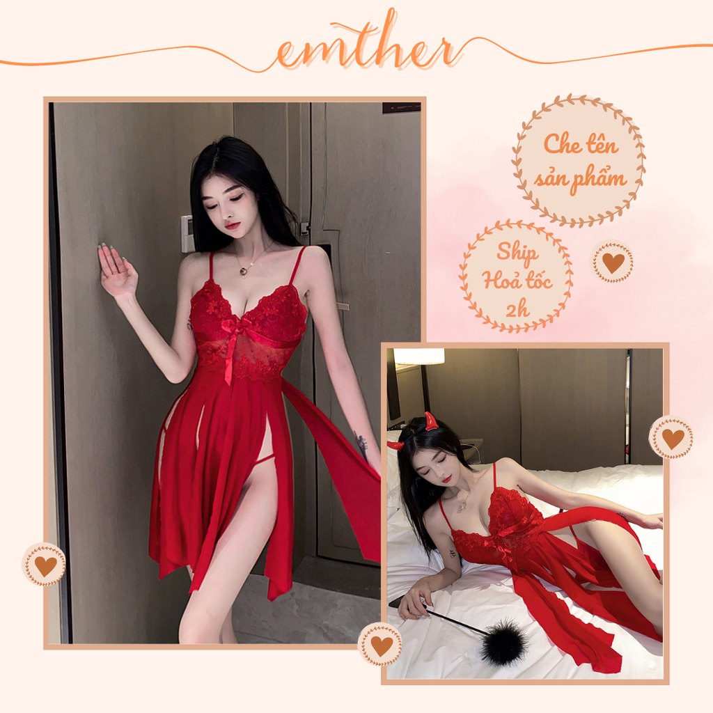 Váy ngủ sexy phối ren hai dây xẻ tà cao cấp Đầm mặc nhà gợi cảm quyến rũ cho nữ EMTHER - VN3