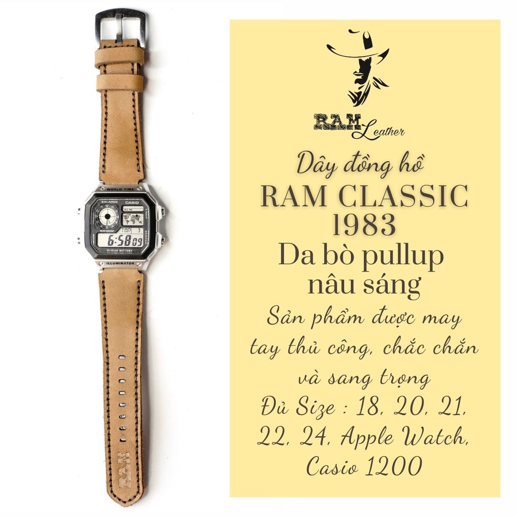 Dây đồng hồ RAM Leather vintage 1986 da bò thật màu vàng tươi cao cấp