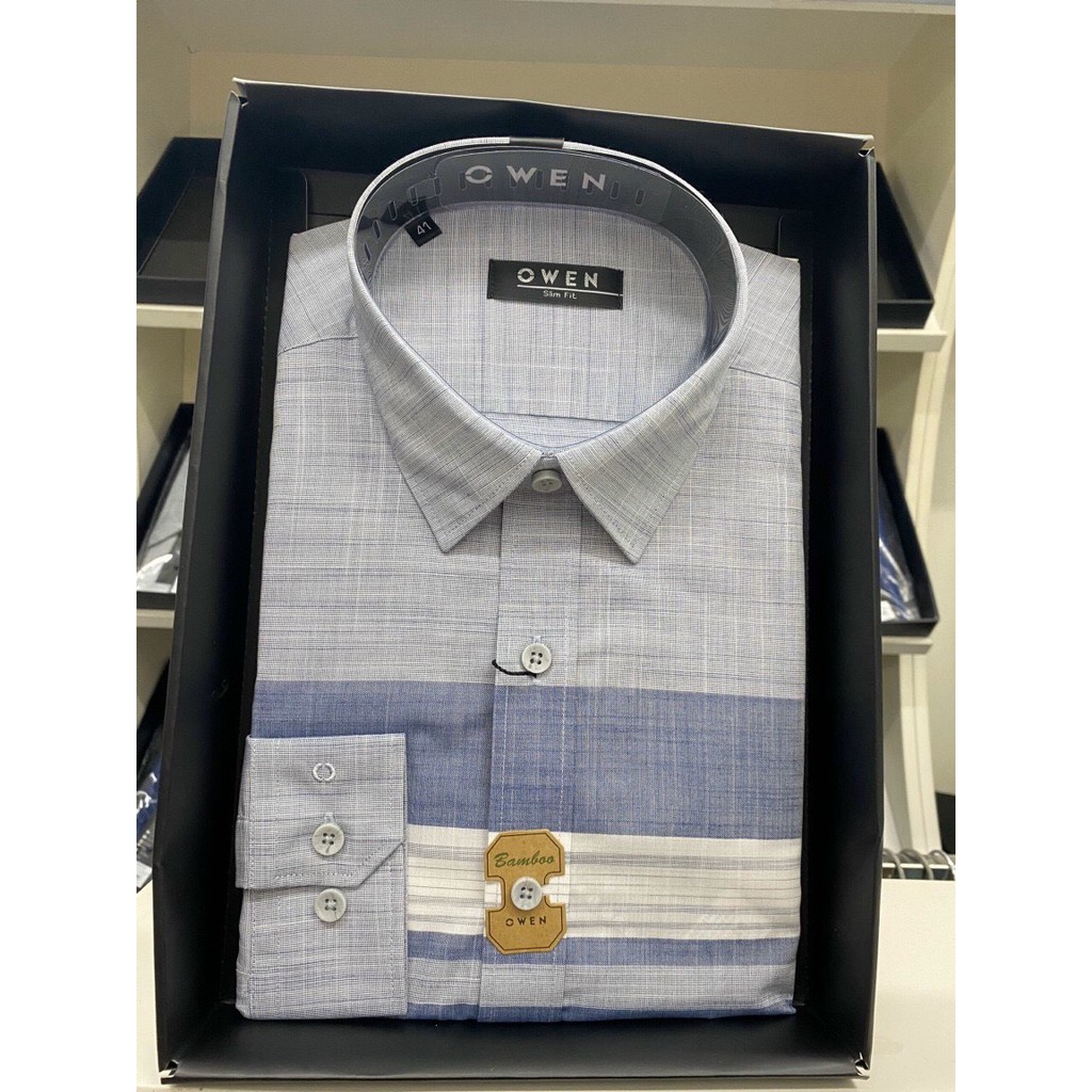 Áo Sơ Mi Nam Dài Tay Owen AS23314D Somi Công Sở Cao Cấp Màu Ghi Xám Kẻ Ngang Dáng Ôm Không Túi Chất Sợi Tre Mềm Mát | BigBuy360 - bigbuy360.vn