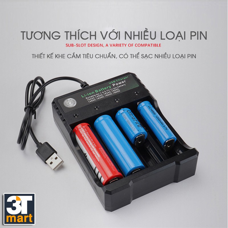 Bộ sạc nhanh 4 khe C'mon Power cáp USB đa năng dùng cho các loại pin li-ion 18650 16340 14500...