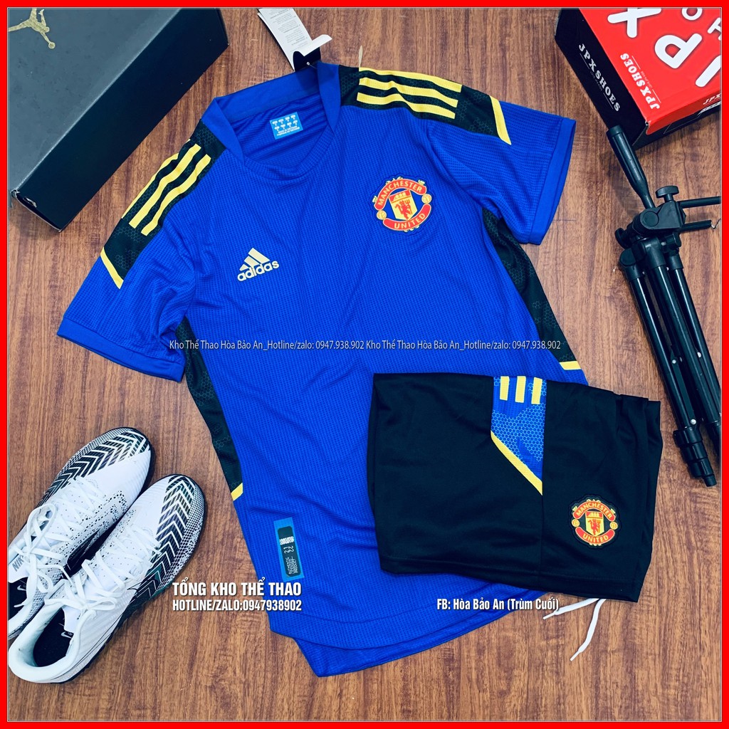 Bộ Quần Áo Bóng Đá Training Mu Màu Xanh quần đen mùa giải 2021/22- Vải gai thái chuẩn áo thi đấu phom 43-90kg