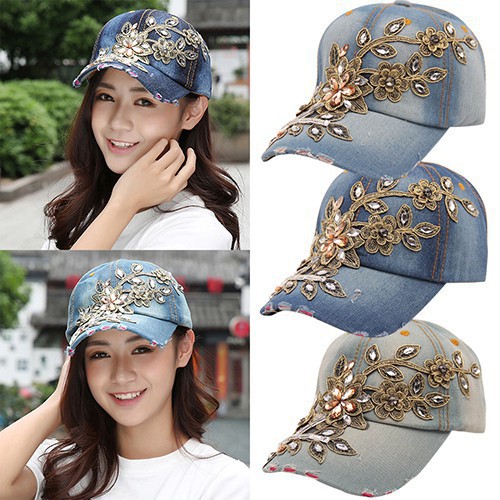 Mũ lưỡi trai vải jean thêu hoa cá tính