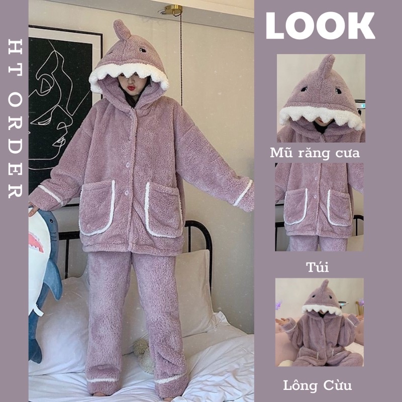Bộ ngủ bông cá mập chất lông mịn dày dặn có 3 màu đơn giản phong ách năng động cho mùa đông 2022