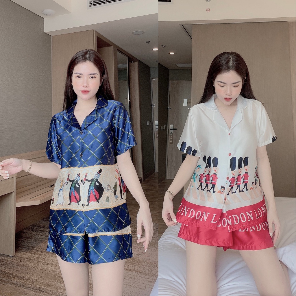 Bộ Lụa Tay Cộc-quần Đùi Thiết Kế In Hoạ Tiết Lính Dễ Thương
