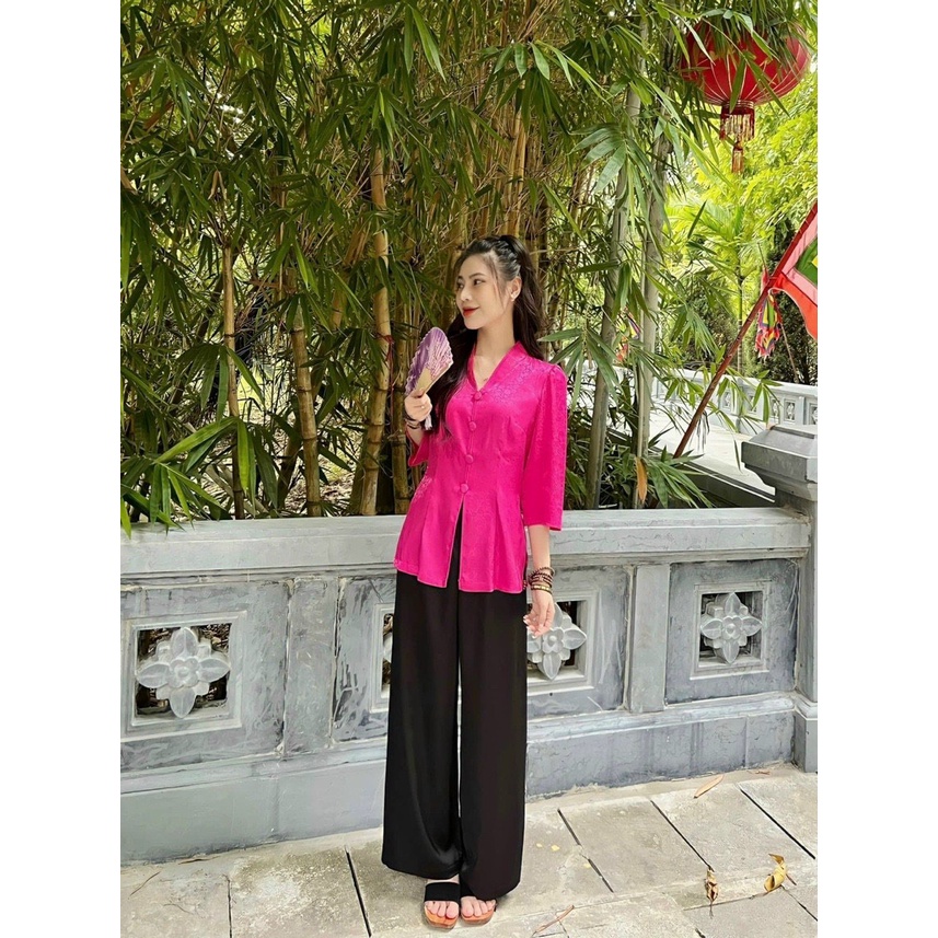 Set lụa gấm đi chùa nữ # quần áo phật tử thiết kế cổ nhỏ xinh - pháp phục lụa mát thanh lịch phần tay lỡ phồng nhẹ B46