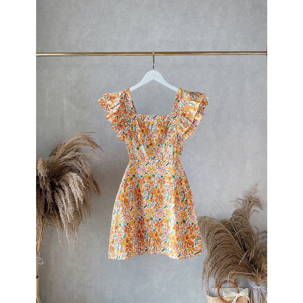 Đầm thiết kế nữ váy cổ vuông chiết eo tay bèo chất thô Hàn 2 lớp váy đi chơi thời trang thiết kế Larry Clothing V076