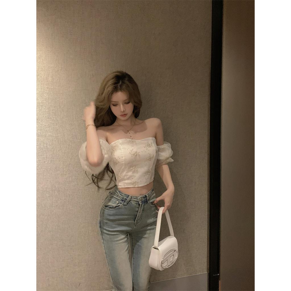 Cocory vn Áo Voan Ngắn Tay Trễ Vai Thêu Họa Tiết Thời Trang Dành Cho Nữ