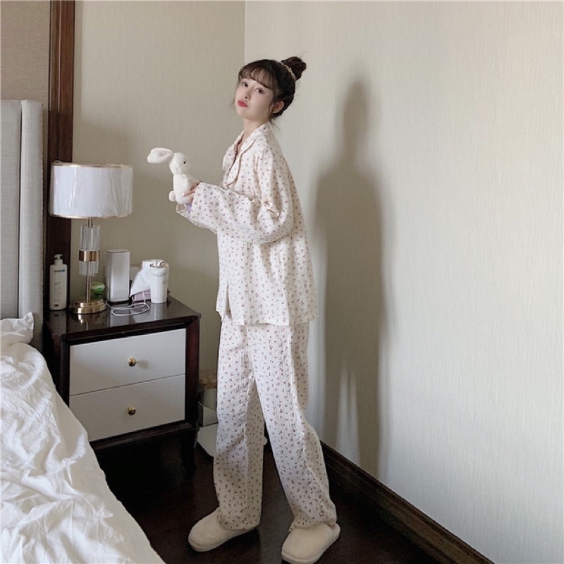 RẺ NHẤT SHOPEE SET BỘ PIJAMA DÀI TAY XÔ MUSLIN HOA NHÍ 3 MÀU