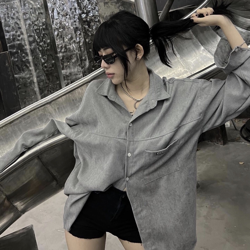 Áo sơ mi nhung unisex pocket Jiang Store - Áo khoác nhung tăm form rộng nam nữ