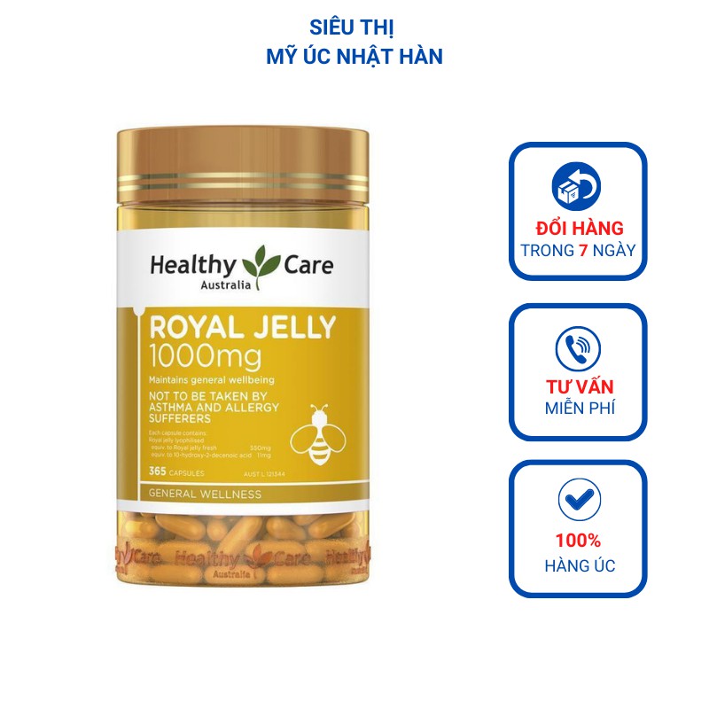 Sữa Ong Chúa (365v) chống lão hóa, làm đẹp da cho người lớn từ 18 tuổi Healthy Care Royal Jelly 1000mg, Úc