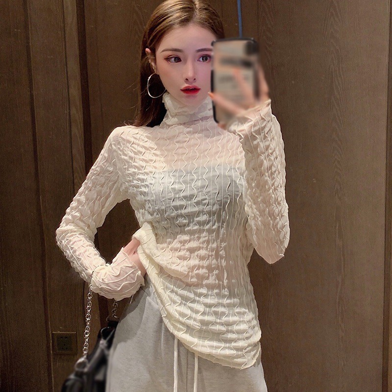 Áo tay dài thiết kế ren hoa cổ lọ hợp thời trang | BigBuy360 - bigbuy360.vn