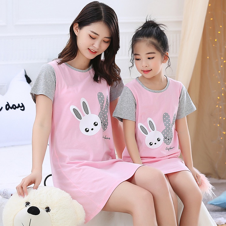 Đầm Ngủ Tay Ngắn Chất Liệu Cotton Thời Trang Xuân Hè Cho Mẹ Và Bé Kích Thước 100-180cm