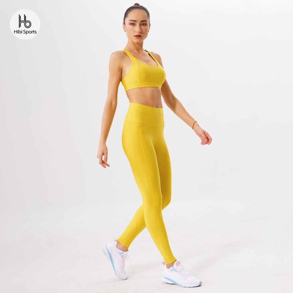 Set đồ tập yoga Luxury Hibi Sports H130 màu vàng và nude, áo bra thể thao 4 dây đánh đôi, kèm mút nâng ngực