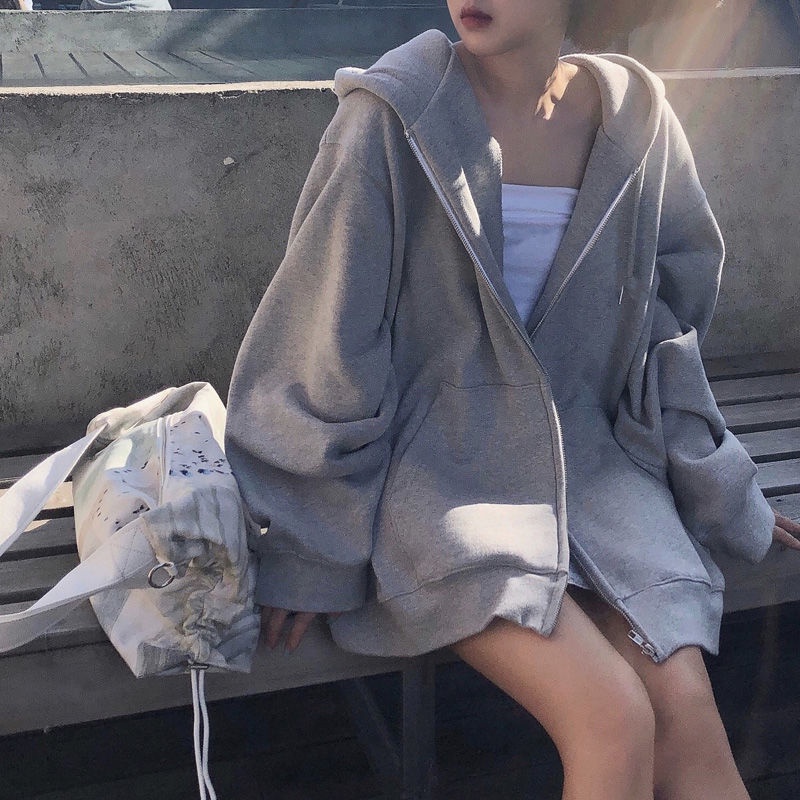 Áo khoác cardigan dày dáng rộng màu xám có nón phong cách Hàn Quốc mới cho nữ