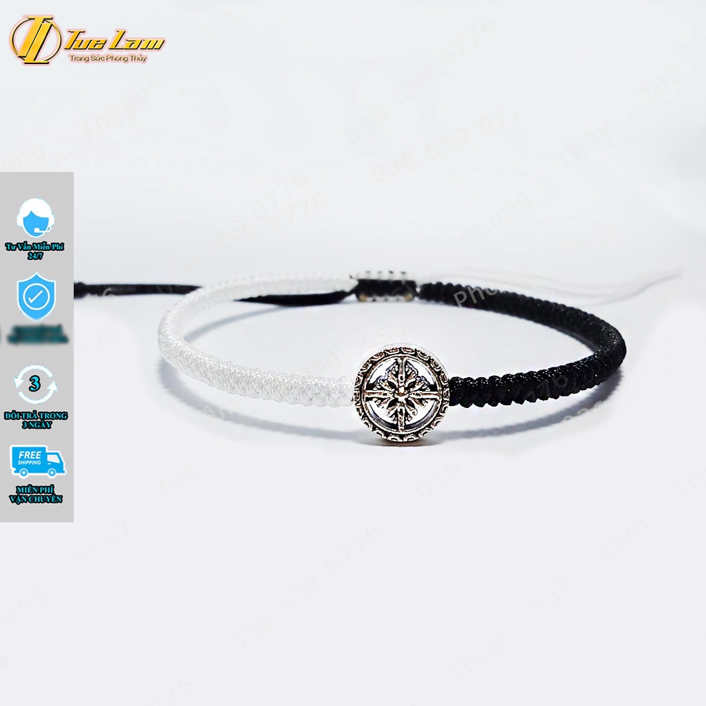 Vòng tay may mắn bánh xe pháp luân bện dây chỉ đen và trắng kiểu Tibets đối xứng - Tuệ Lâm