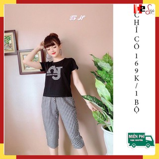{XẢ KHO 3 NGÀY} Bộ mặc nhà lửng chất liệu áo cotton co giãn, quần kẻ đũi siêu mát ,ko nhăn, ko xù, co giãn, giá chỉ 169k