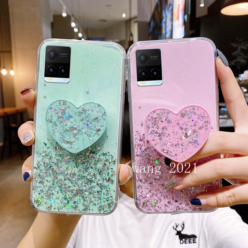 Ốp điện thoại tpu dẻo kim tuyến lấp lánh kèm giá đỡ hình trái tim cho Vivo Y21 Y33S Y21S V21 5g Y31 Y20 Y12A Y20S