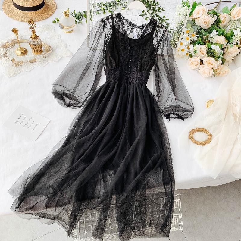 M34 - Đầm Ulzzang ren phối lưới đính nút eo chun dáng xòe dễ thương