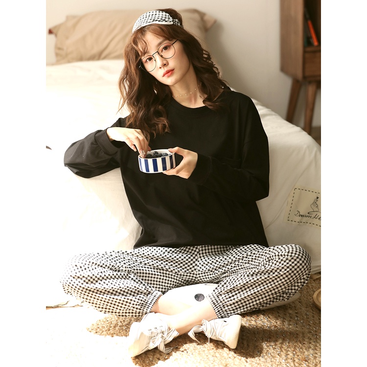 ĐỒ NGỦ COTTON MỎNG DÀI TAY ÁO TRƠN QUẦN HỌA TIẾT MEYLEESTORE | BigBuy360 - bigbuy360.vn