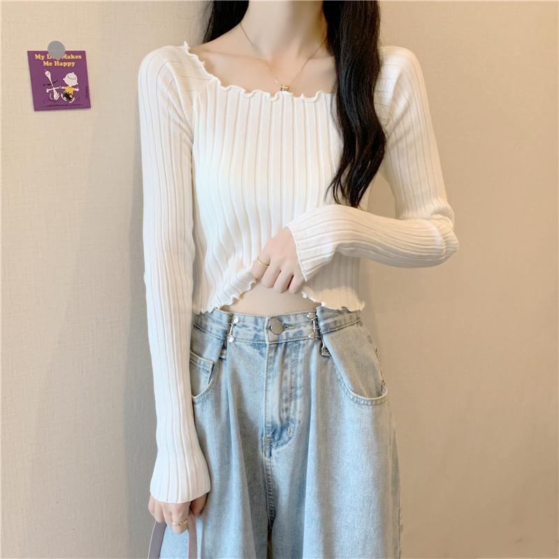 Áo Sweater Dệt Kim Tay Dài Dáng Ngắn Màu Sắc Xinh Xắn Cho Nữ