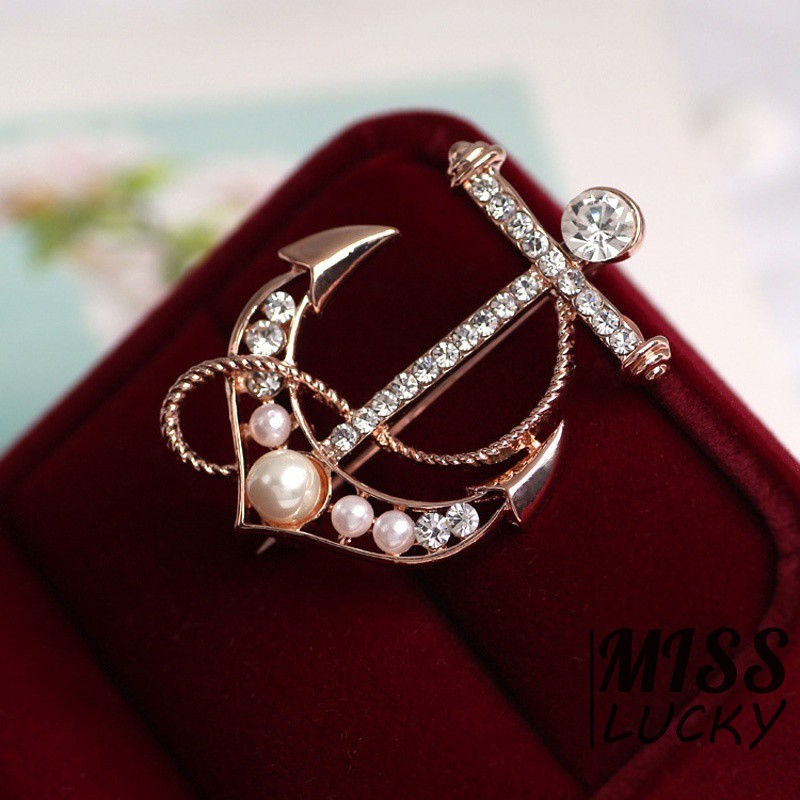 Ghim cài áo hình mỏ neo đính đá và ngọc trai giả xinh xắn