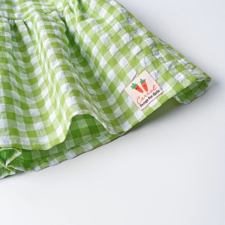 Váy Bé Gái Carrot Không Tay, Cổ Viền Nơ, Hoa Tiết Caro Xanh Cốm, Chất Thô Xốp Thoáng Mát Thấm Hút Mồ Hôi