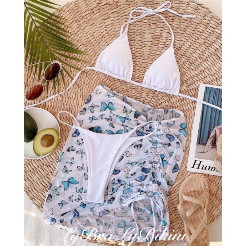 bikini basic 3 món kèm choàng ngoài chân họa tiết con bướm màu đen/ trắng/ tím