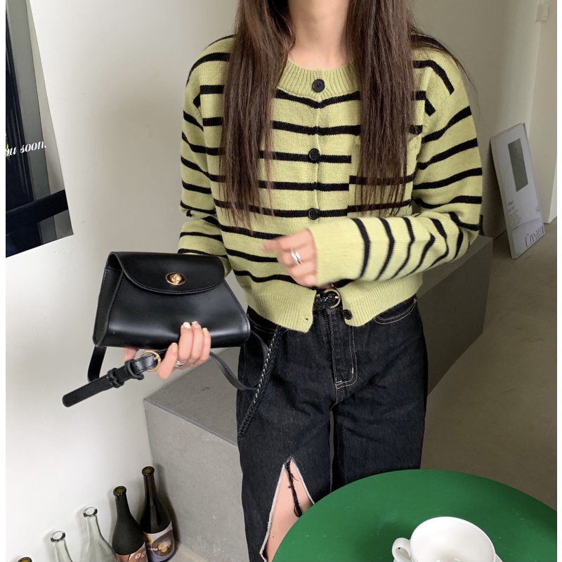 Áo khoác len cardigan ZHELIHANGFEI tay dài họa tiết kẻ sọc ngang phong cách retro dễ phối đồ