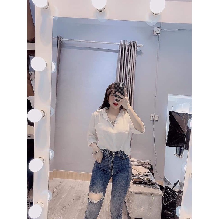 [ Jeans Clothing ] áo sơ mi nữ dài tay vạt tôm chất đũi tơ Hàn Quốc Mềm - Min - Mát | BigBuy360 - bigbuy360.vn