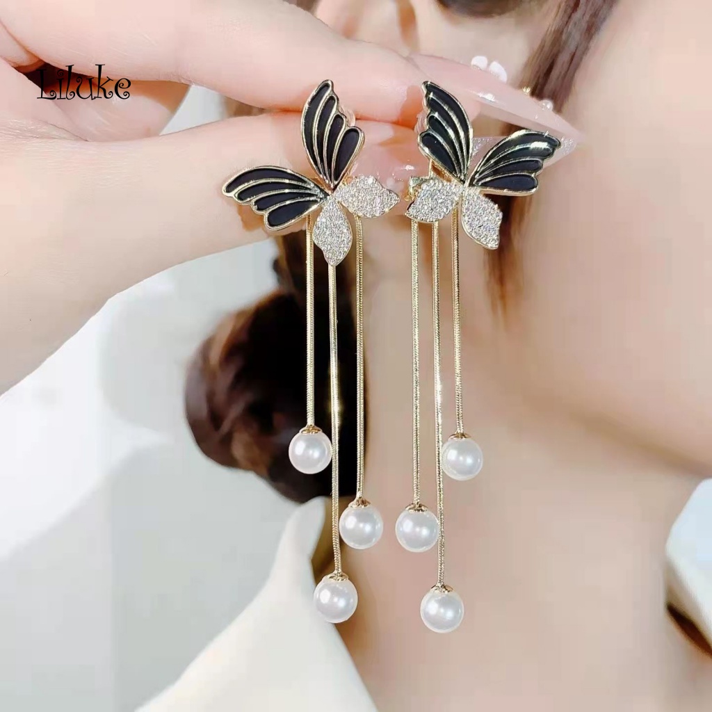 1 Đôi Bông Tai Hình Bướm Đính Ngọc Trai Giả Duyên Dáng Cho Nữ