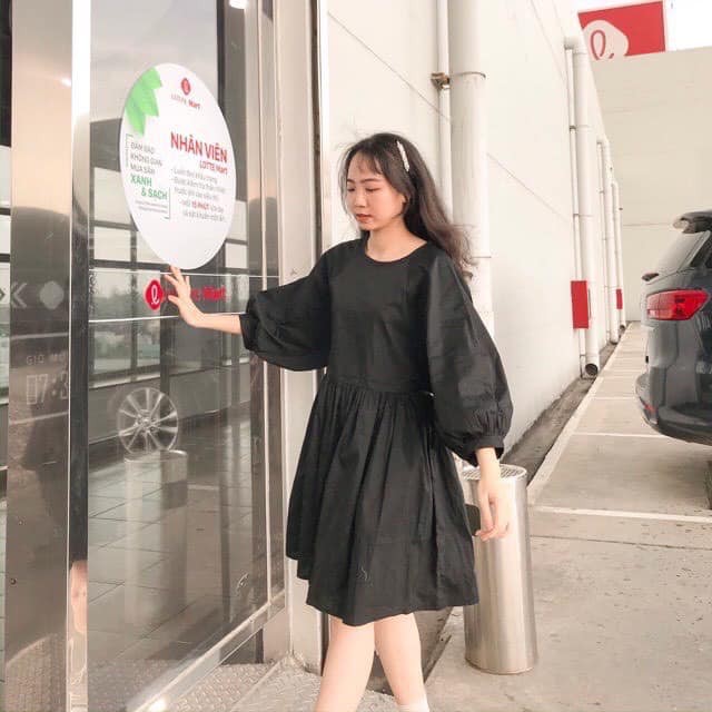 Đầm babydoll nữ tay bồng  babydoll trơn dài tay
