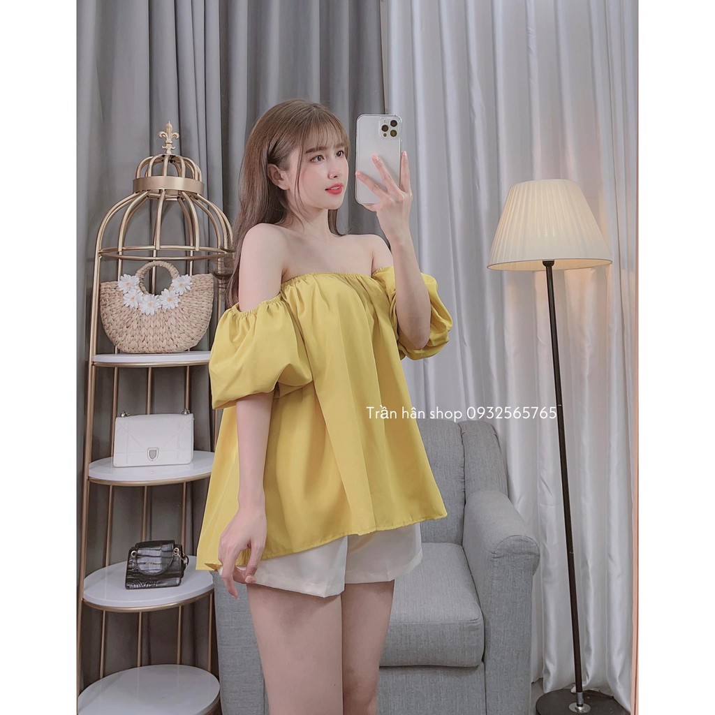 set bộ nữ ( HÌNH THẬT SHOP CHỤP) áo trễ vai chun tay kèm quần tacta hottrend 👄4011364