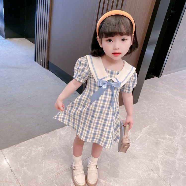 Đầm công chúa tay ngắn họa tiết sọc caro thời trang mùa hè phong cách Hàn Quốc mới cho bé gái