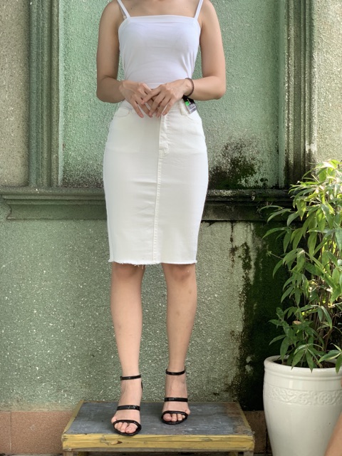 CHÂN VÁY BÚT CHÌ JEAN NGANG GỐI MÀU TRẮNG LƯNG CAO CO DÃN MẠNH VNXK | BigBuy360 - bigbuy360.vn