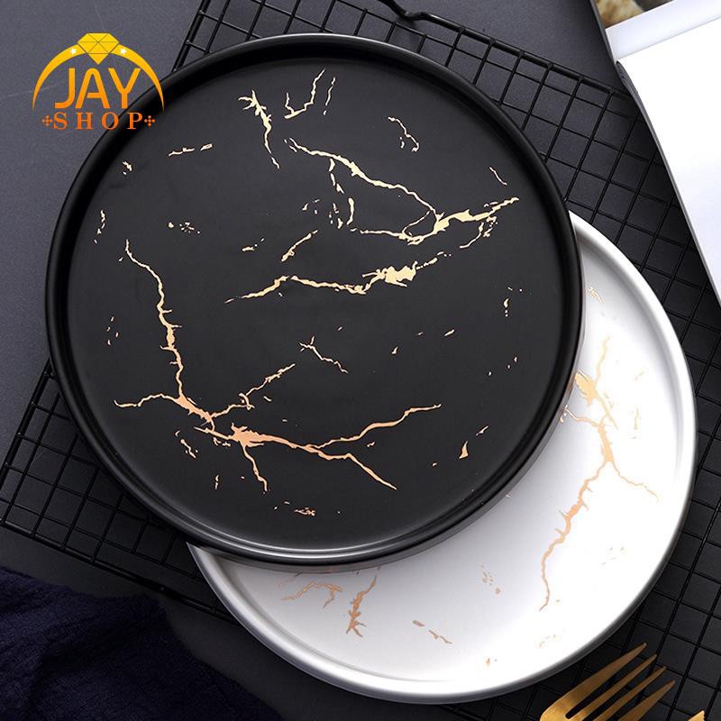 Bộ Đĩa Sứ 20cm Họa Tiết Đá Cẩm Thạch Màu Đen Vàng Phong Cách Châu Âu Sang Trọng Cho Nhà Bếp