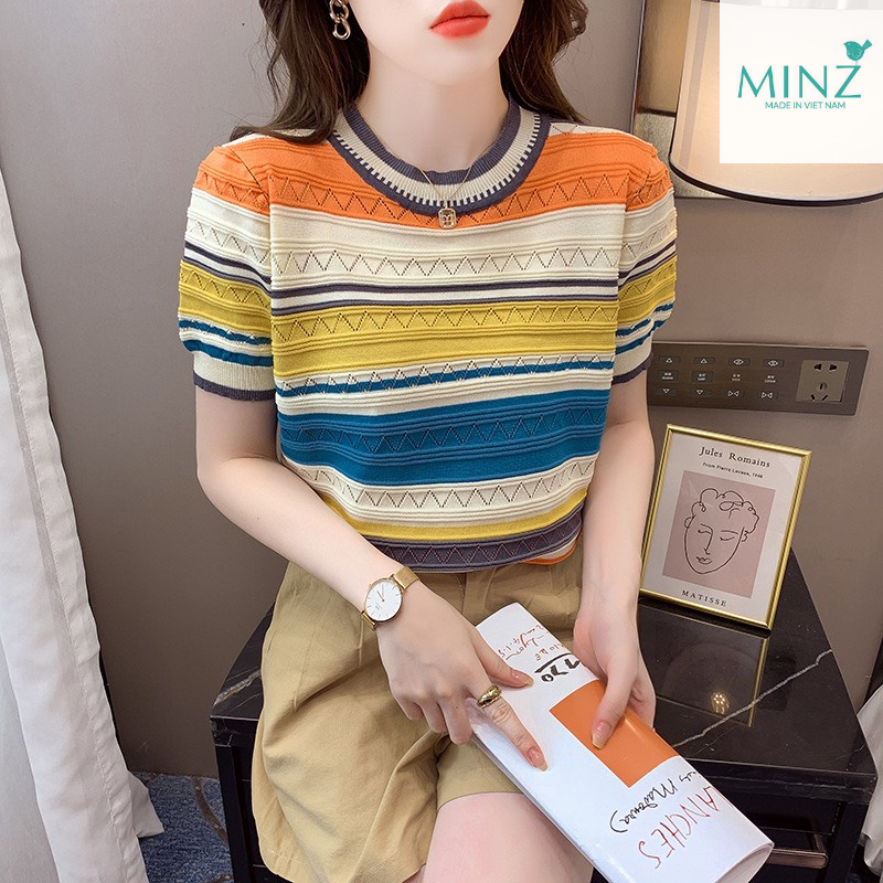 Áo len kẻ ngang pha màu cộc tay 9285 (2 màu) MINZ
