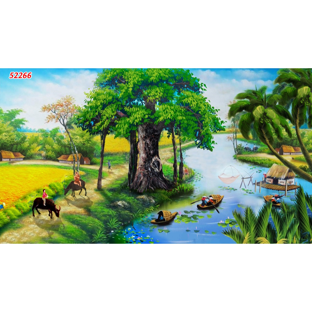 Tranh Dán tường 3D Phong Cảnh Làng Quê Việt Nam yên bình, ruộng bậc thang mẫu mới nhất, được ưa chuộng hiện nay