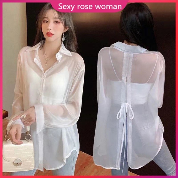 Summer New Korean Fashion Back Slit Lace-up Thin Shirt and Sun-Proof Clothing