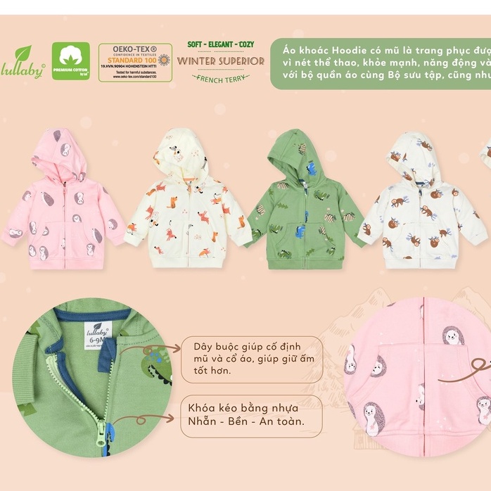 Áo khoác nỉ có mũ Lullaby NH710P, áo Hoodie bé trai, bé gái 0-4 tuổi cao cấp