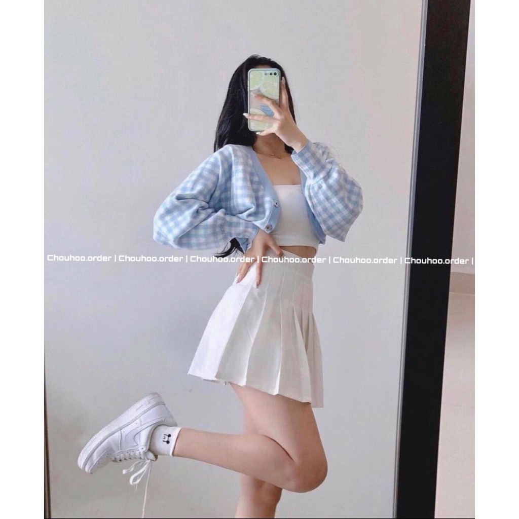 -  Quà tặng sinh nhật,bạn gái Áo cardigan caro tay to/ váy tennis xòe