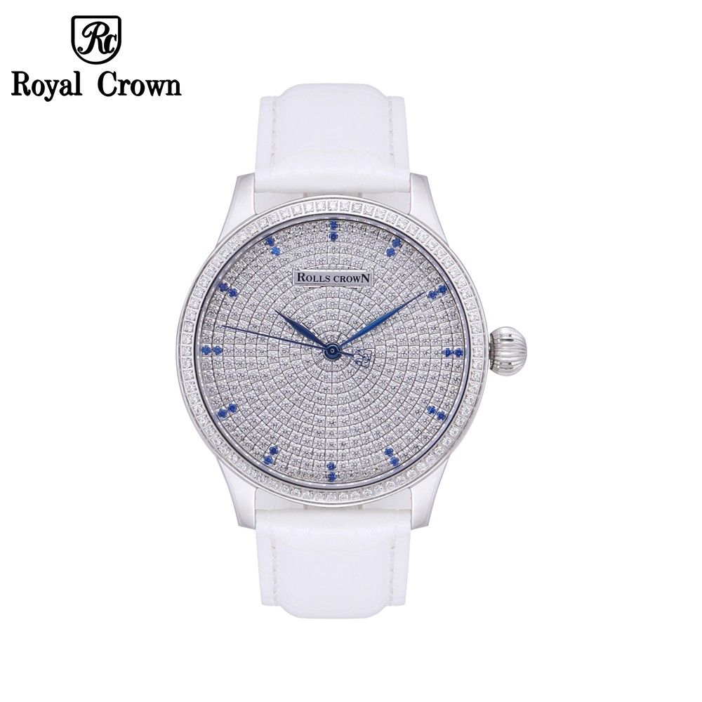 Đồng hồ nữ Chính Hãng Royal Crown 6118M-ST-B/A-W (dây da trắng vỏ trắng mặt full đá)
