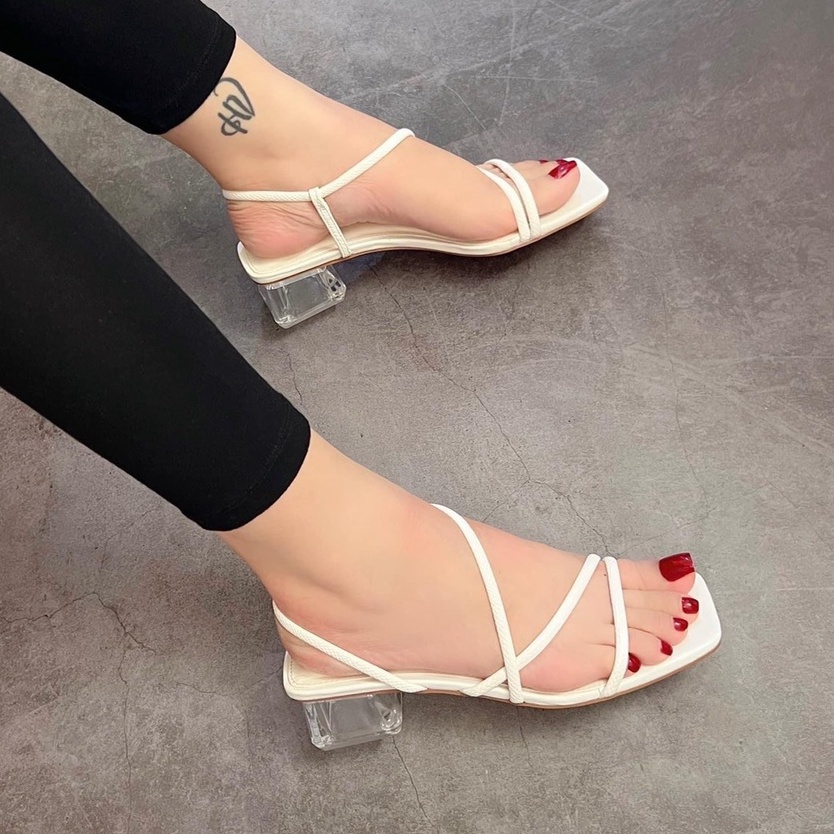 Giày sandal nữ 3p gót trong 3 dây mảnh cực xinh, Dép sandal cao gót quai mảnh 3cm gót vuông phong cách Hàn Quốc