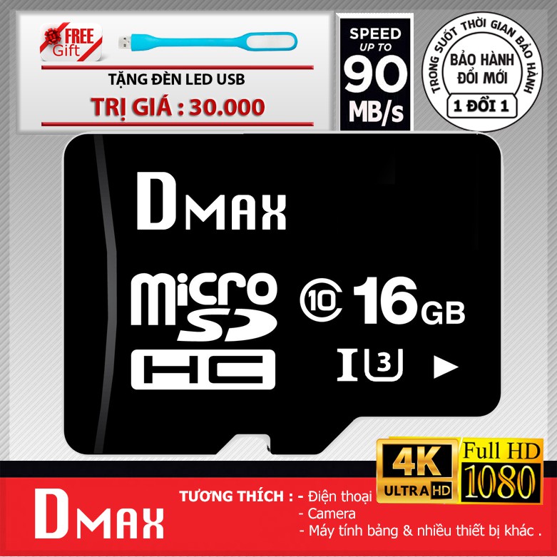 Thẻ nhớ 16Gb tốc độ cao U3, up to 90MB/s Dmax Micro SDHC - Bảo hành 5 năm đổi mới