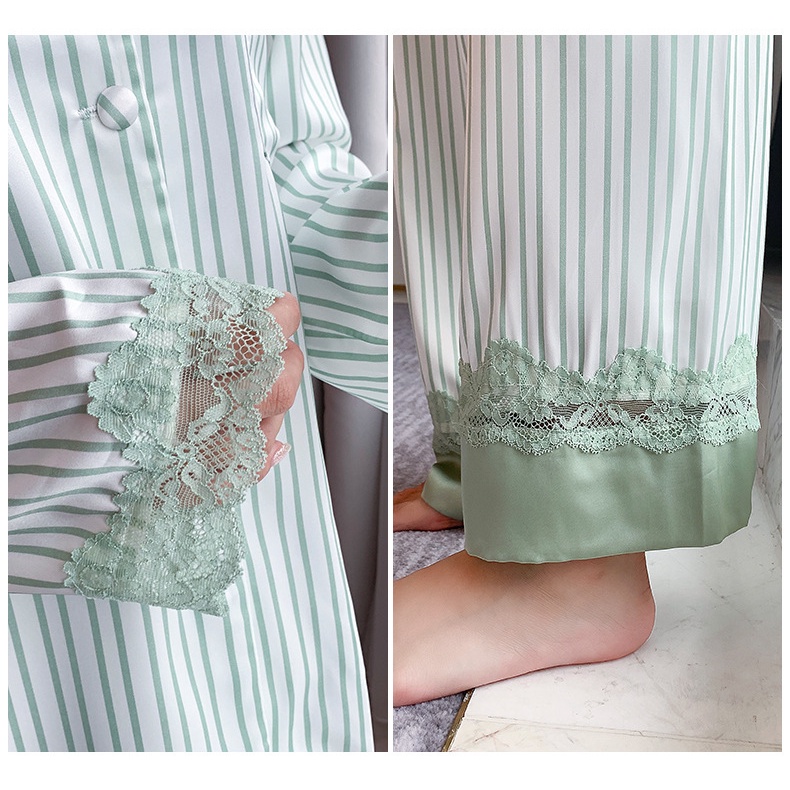 Bộ Đồ Ngủ Pijama Tay Dài Phối Ren Họa Tiết Kẻ Sọc Ngọt Ngào Thời Trang Xuân Thu Cho Nữ