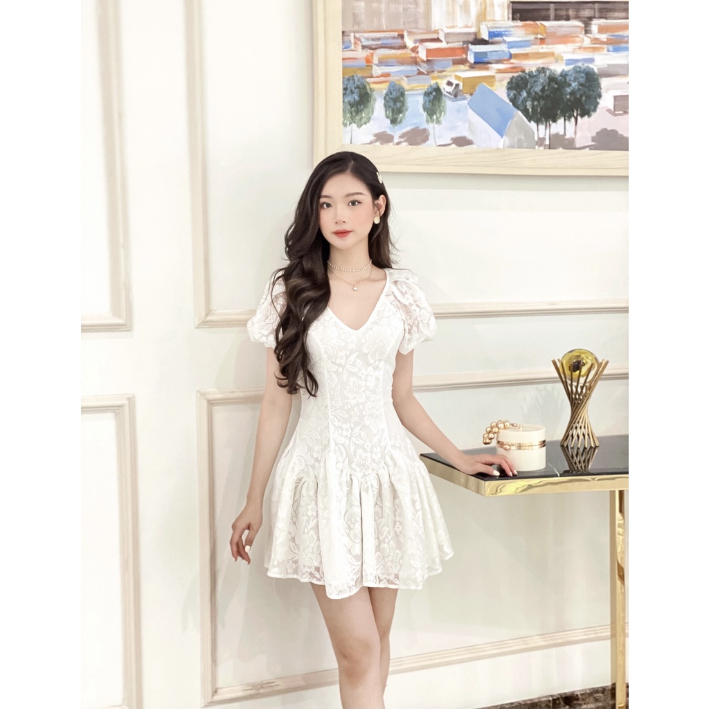 Váy ren hàn quốc cổ V Chillgals thiết kế tay bồng tiểu thư thắt eo tôn dáng VA-044